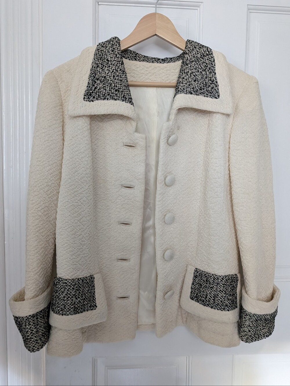 Vtg Rare 50s 60s Jack Frost Woolen Wear Cream Knit Wool Jacket Tweed Trim Utah S
